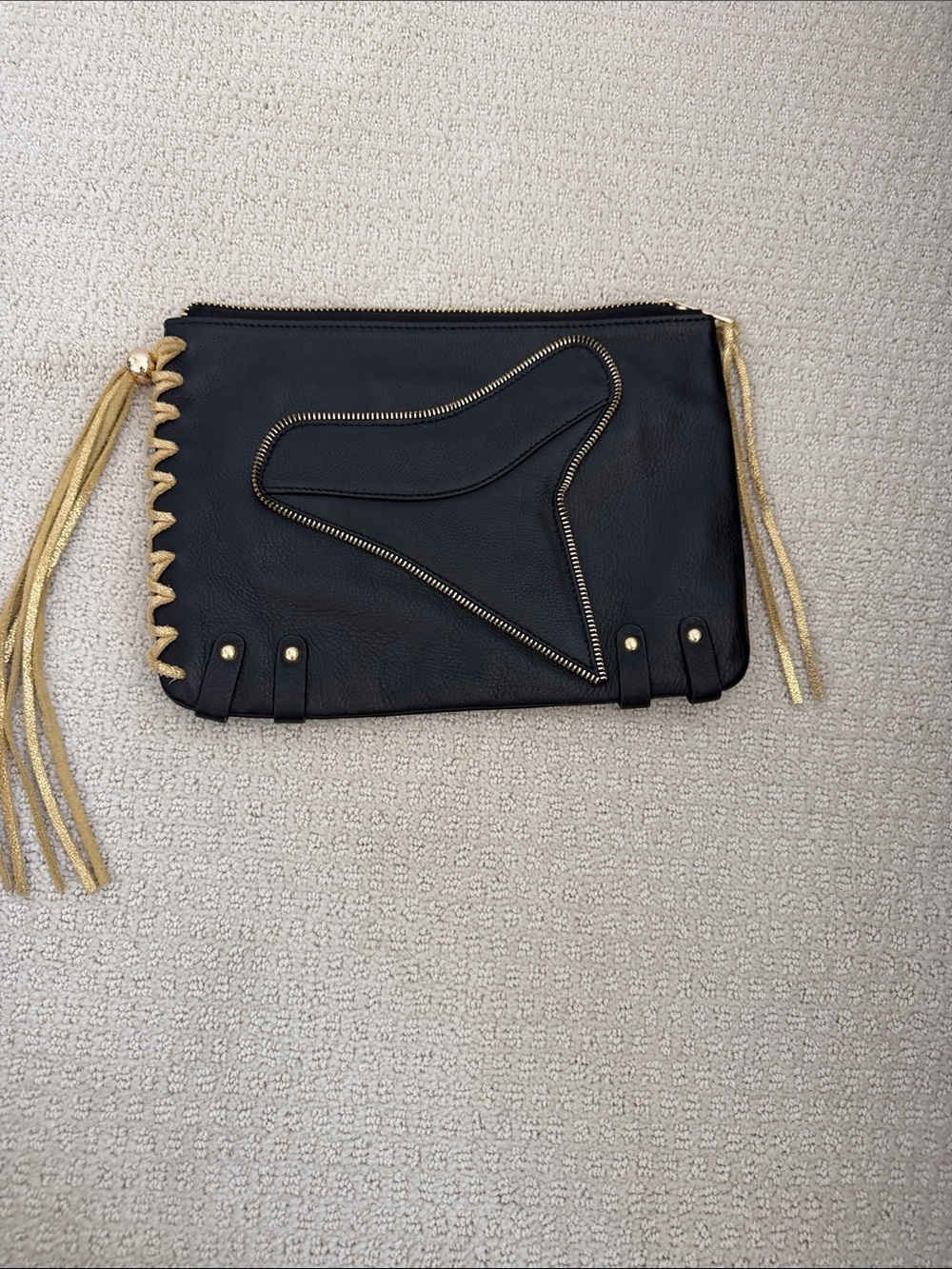 Black Leather Zip-Accent Clutch with Gold Trim
